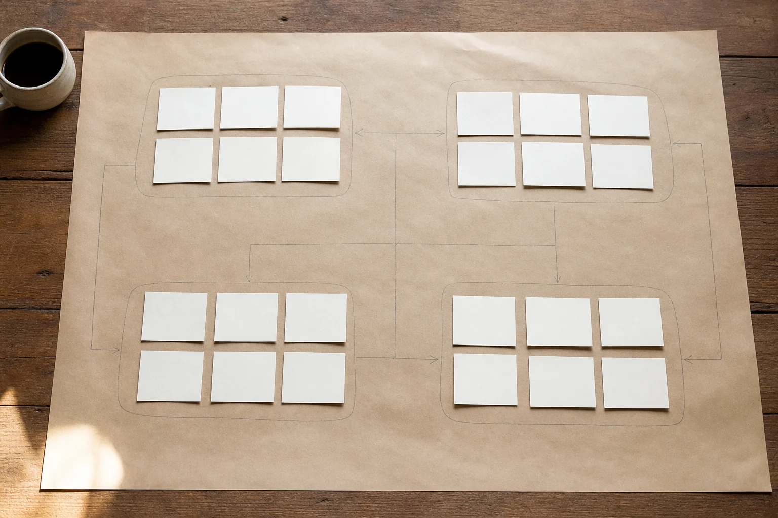 Overhead view of a journey mapping table with note cards grouped into four clusters