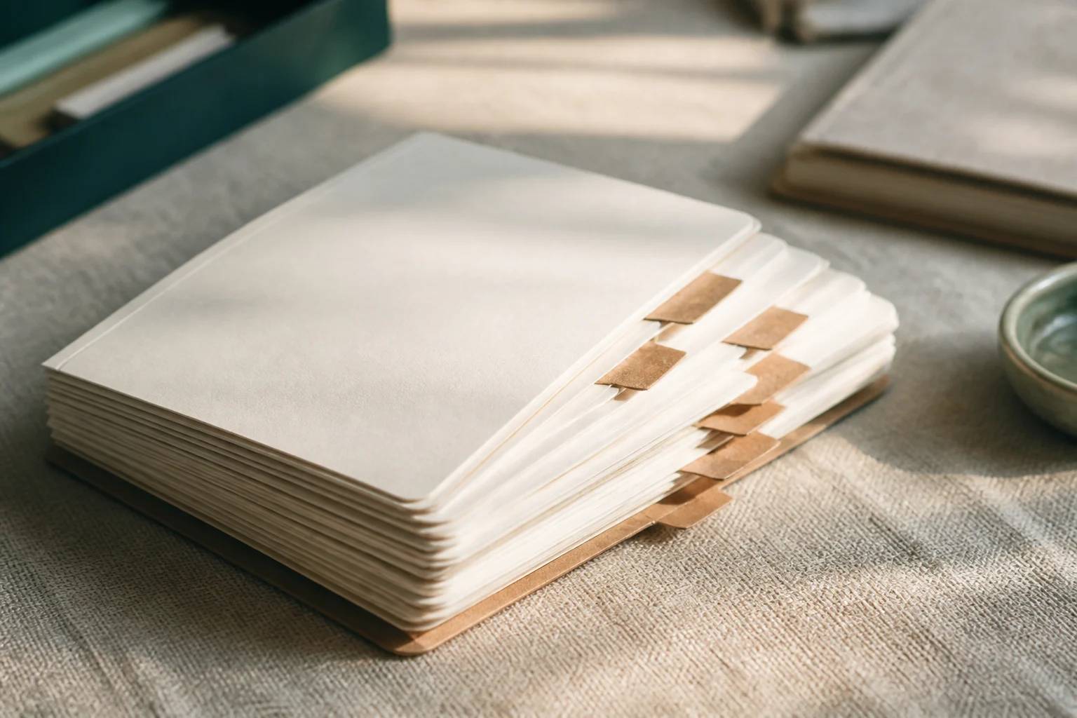 Sorted stack of guest inquiry cards with kraft paper sorting tabs