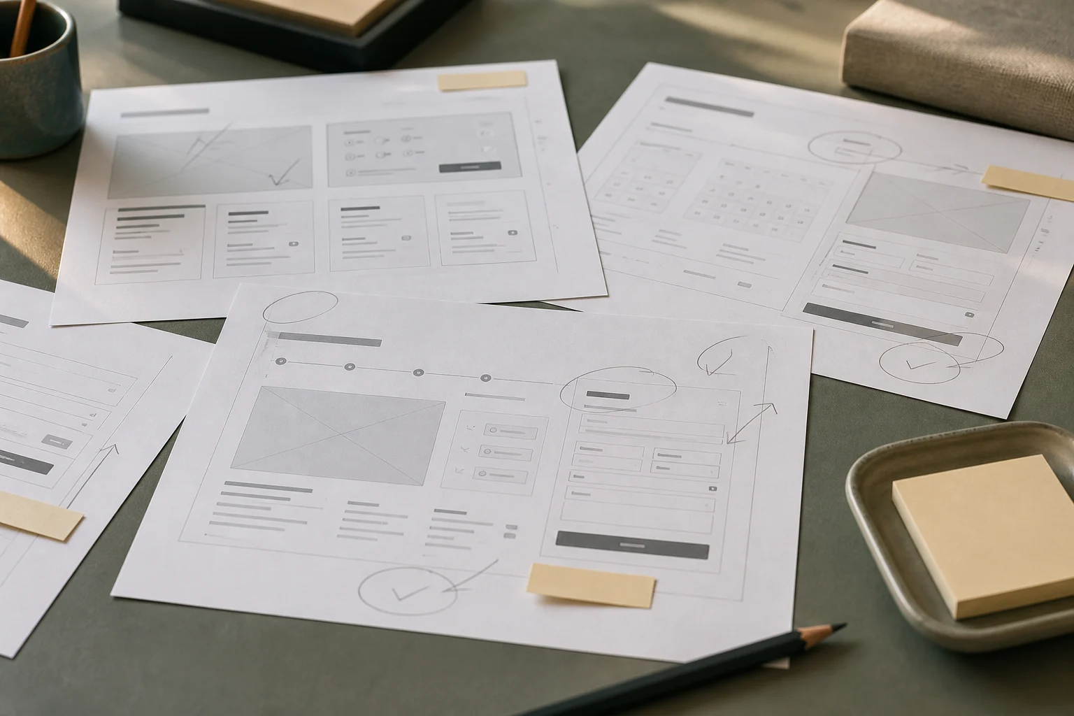 Printed booking screen sheets with pencil annotation marks and sticky flags