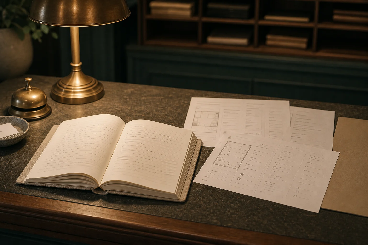 Open service log notebook beside room detail sheets under a brass desk lamp