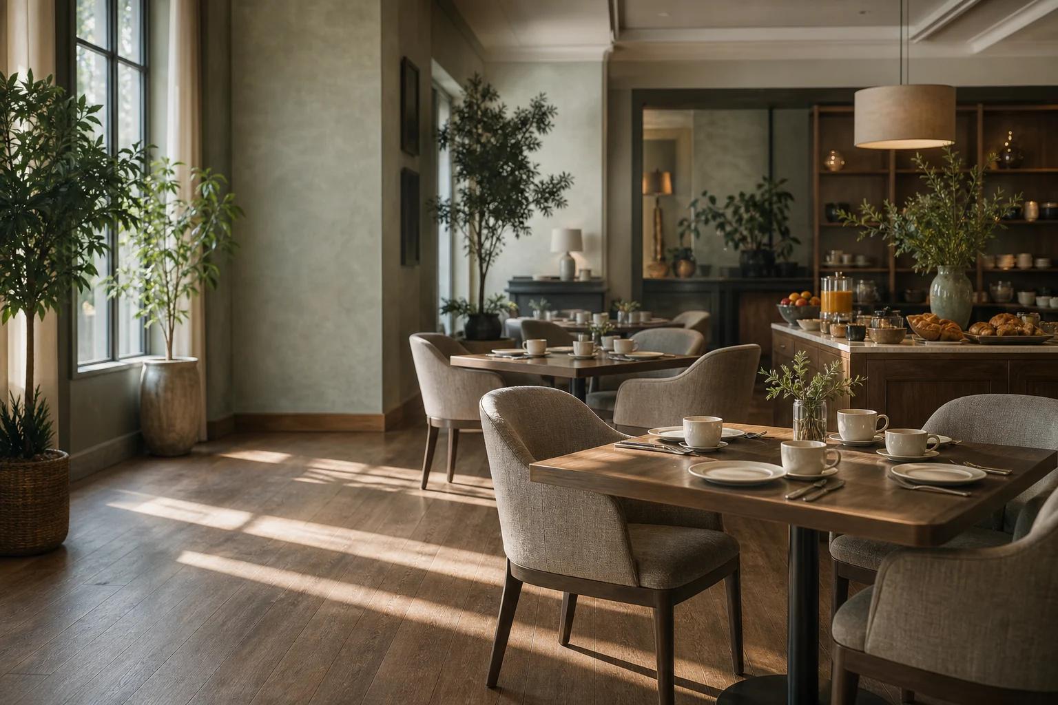 Calm farm stay breakfast lounge in morning light with set tables