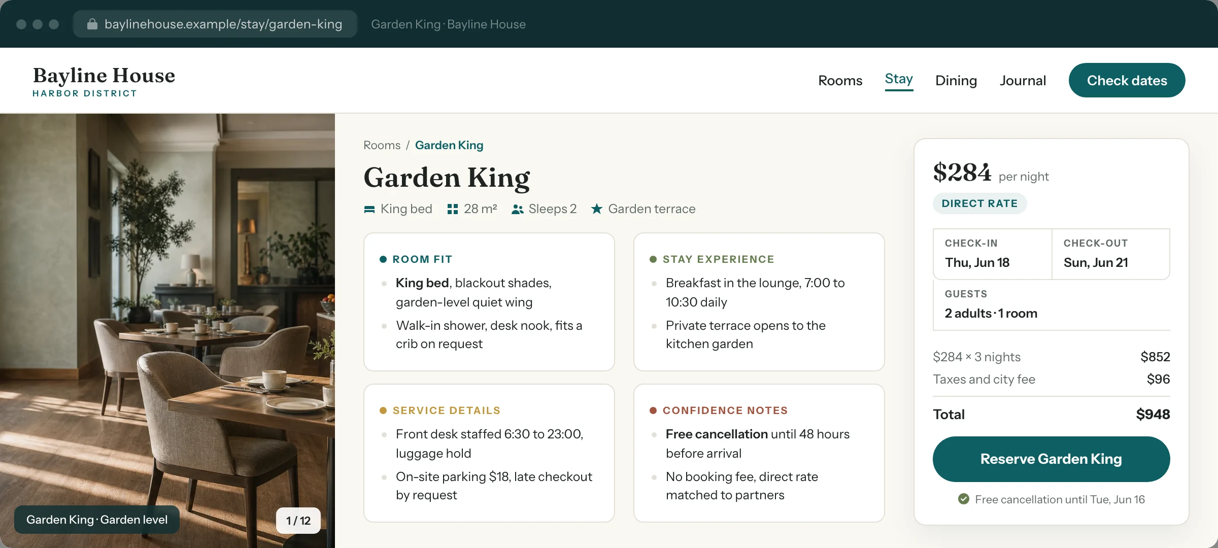 Bayline House booking page for the Garden King room with details grouped into room fit, stay experience, service details, and confidence notes beside the reservation panel