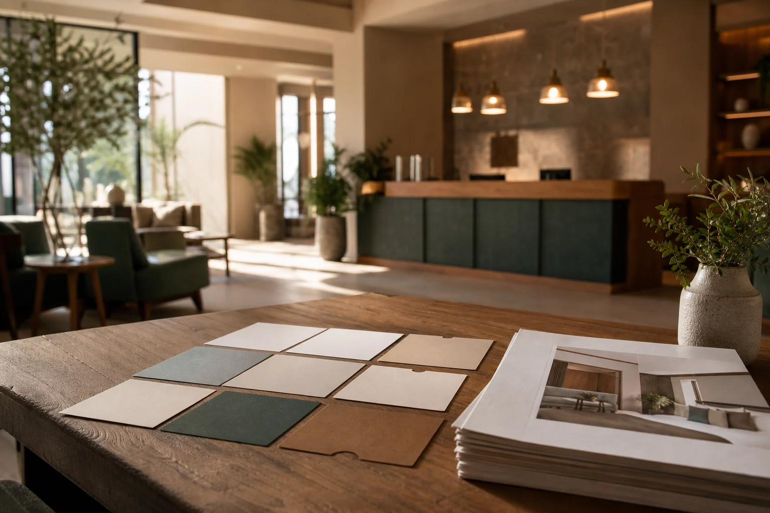 A hotel lobby in warm light beyond a table laid with material swatches and printed page proofs