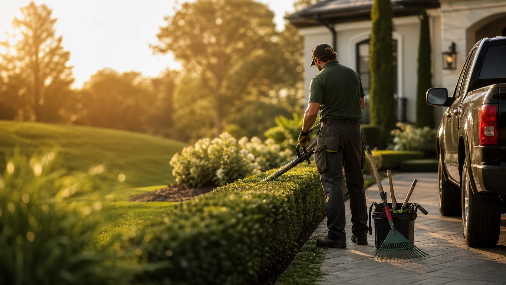 A groundskeeper trimming a hedge in morning light beside a truck and tools