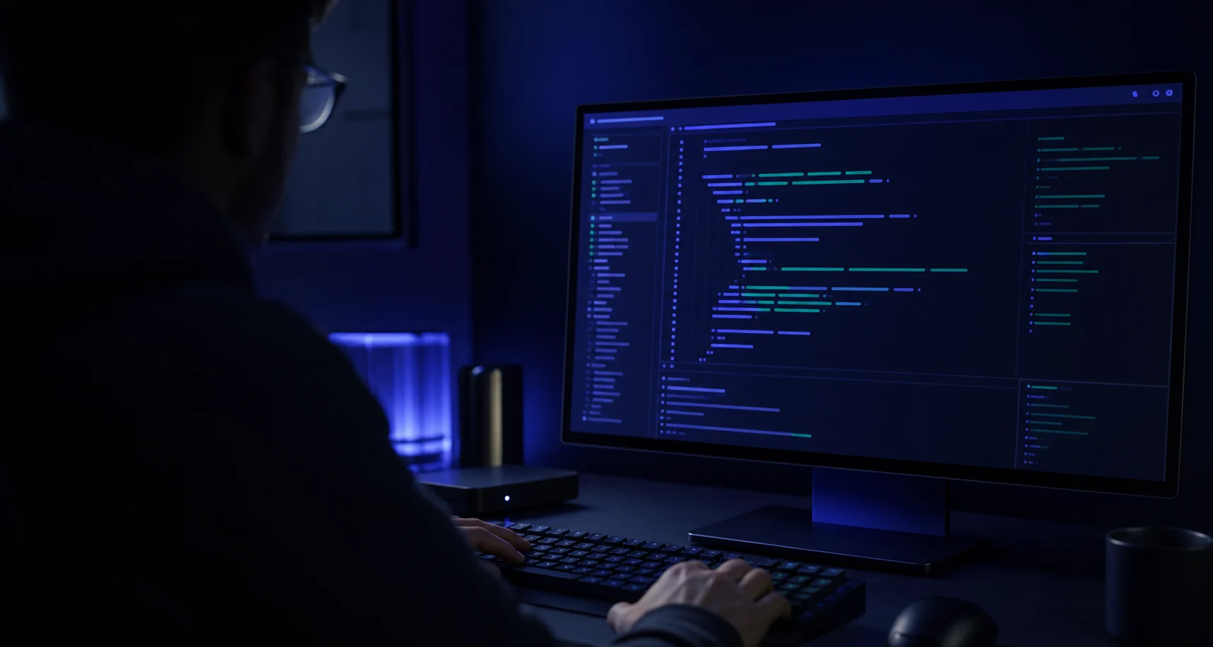 A developer at a desk at night facing a monitor of code lit blue