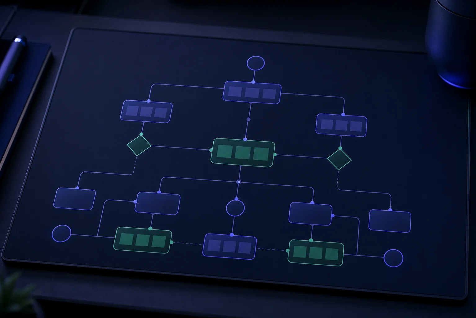 Decision map diagram showing source evidence grouping into four content groups and one handoff