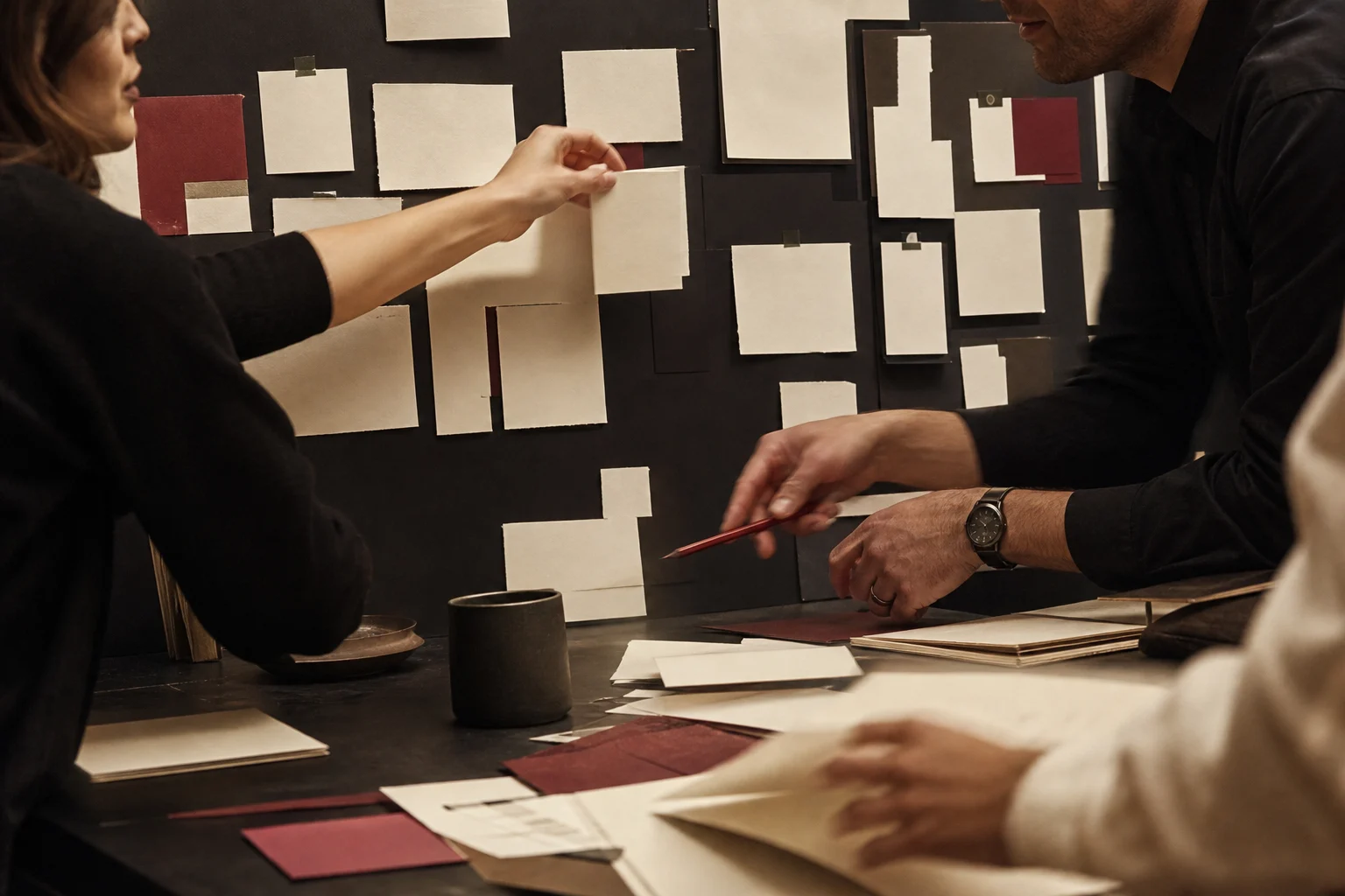 Overhead view of a journey mapping table with note cards grouped into four clusters