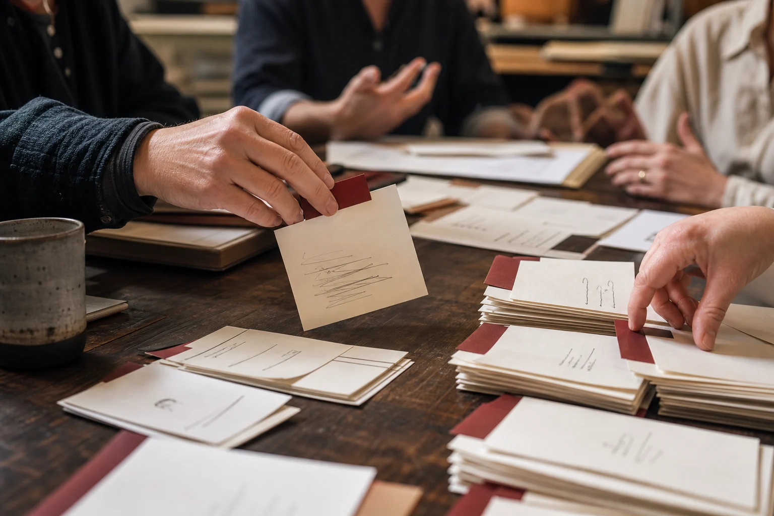 Sorted stack of guest inquiry cards with kraft paper sorting tabs