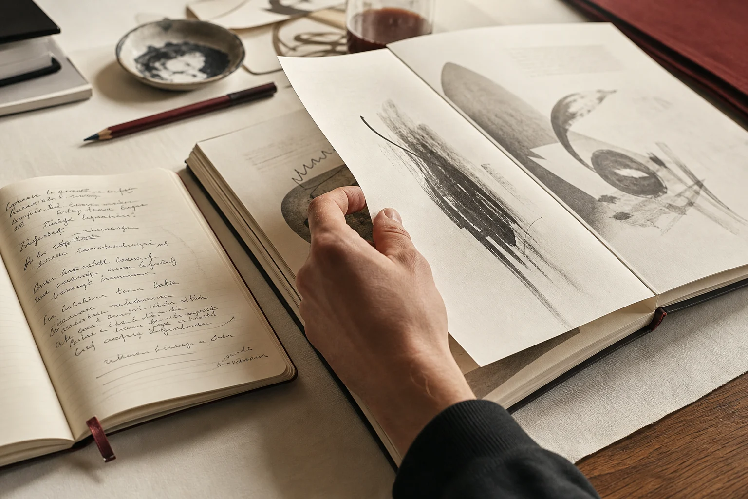Open service log notebook beside room detail sheets under a brass desk lamp