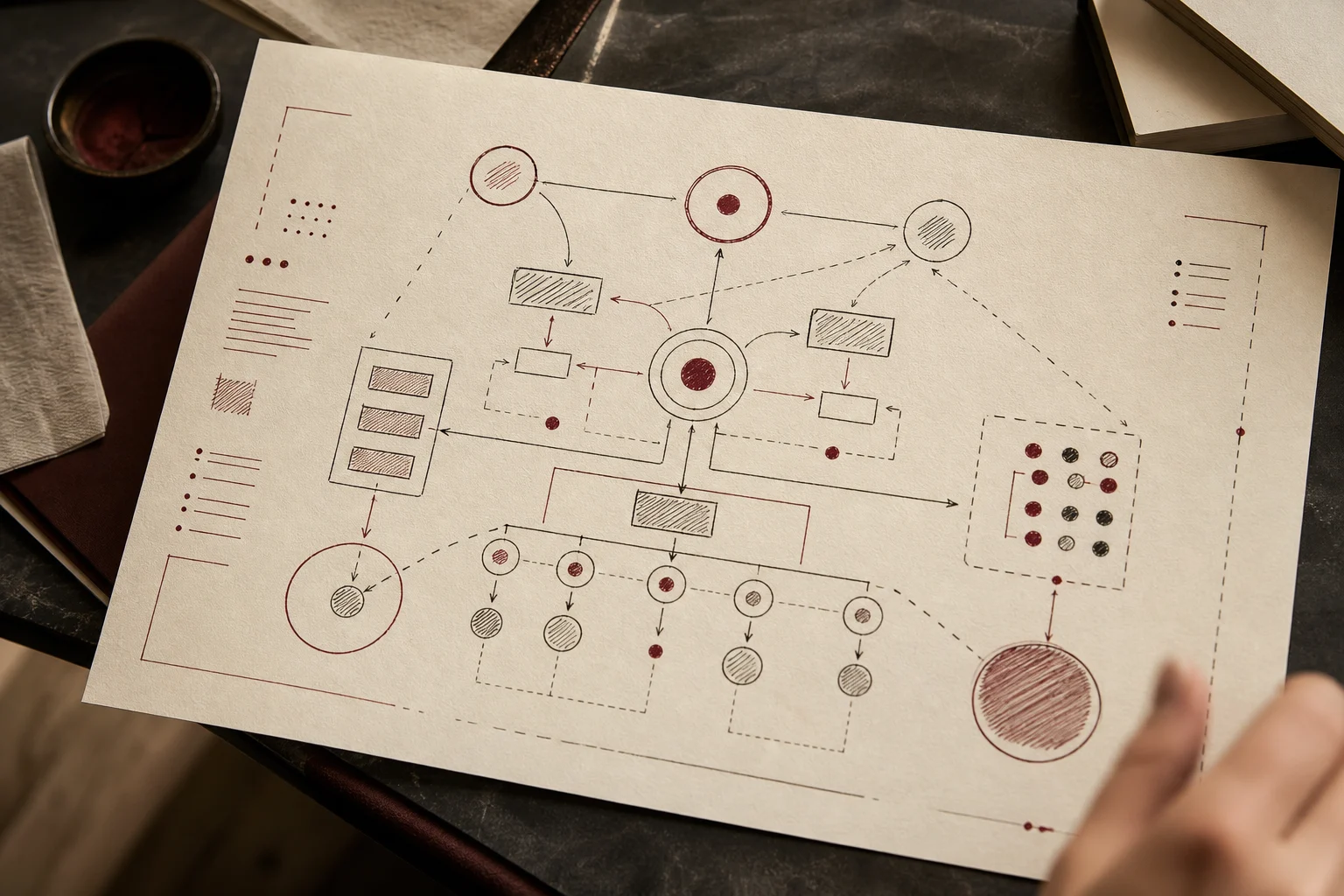 Decision map diagram showing guest questions, booking screens, and staff notes grouping into four content groups and one booking handoff