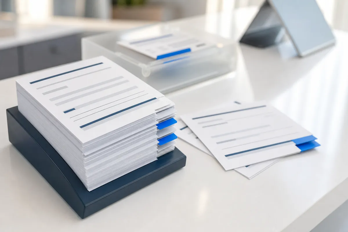 Sorted stack of inquiry cards with kraft paper sorting tabs