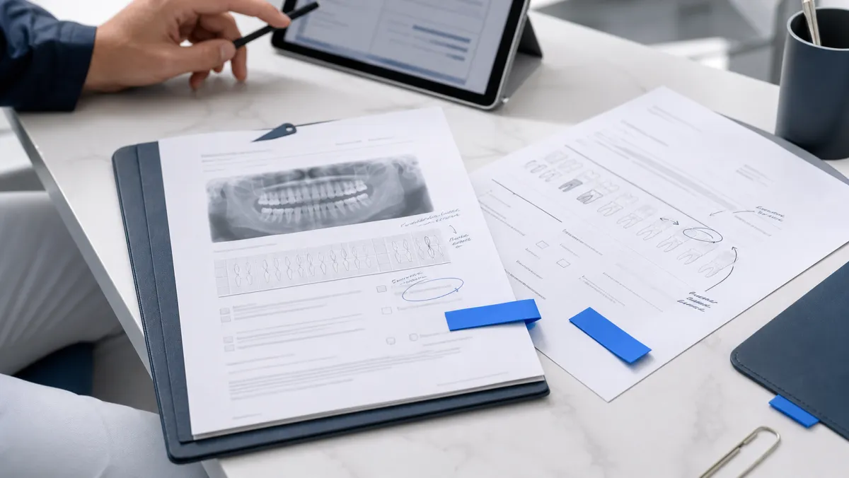 Printed product page sheets with pencil annotation marks and sticky flags