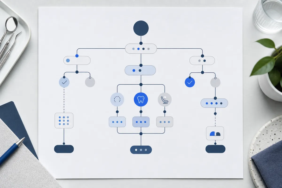 Decision map diagram showing guest questions, booking screens, and staff notes grouping into four content groups and one booking handoff