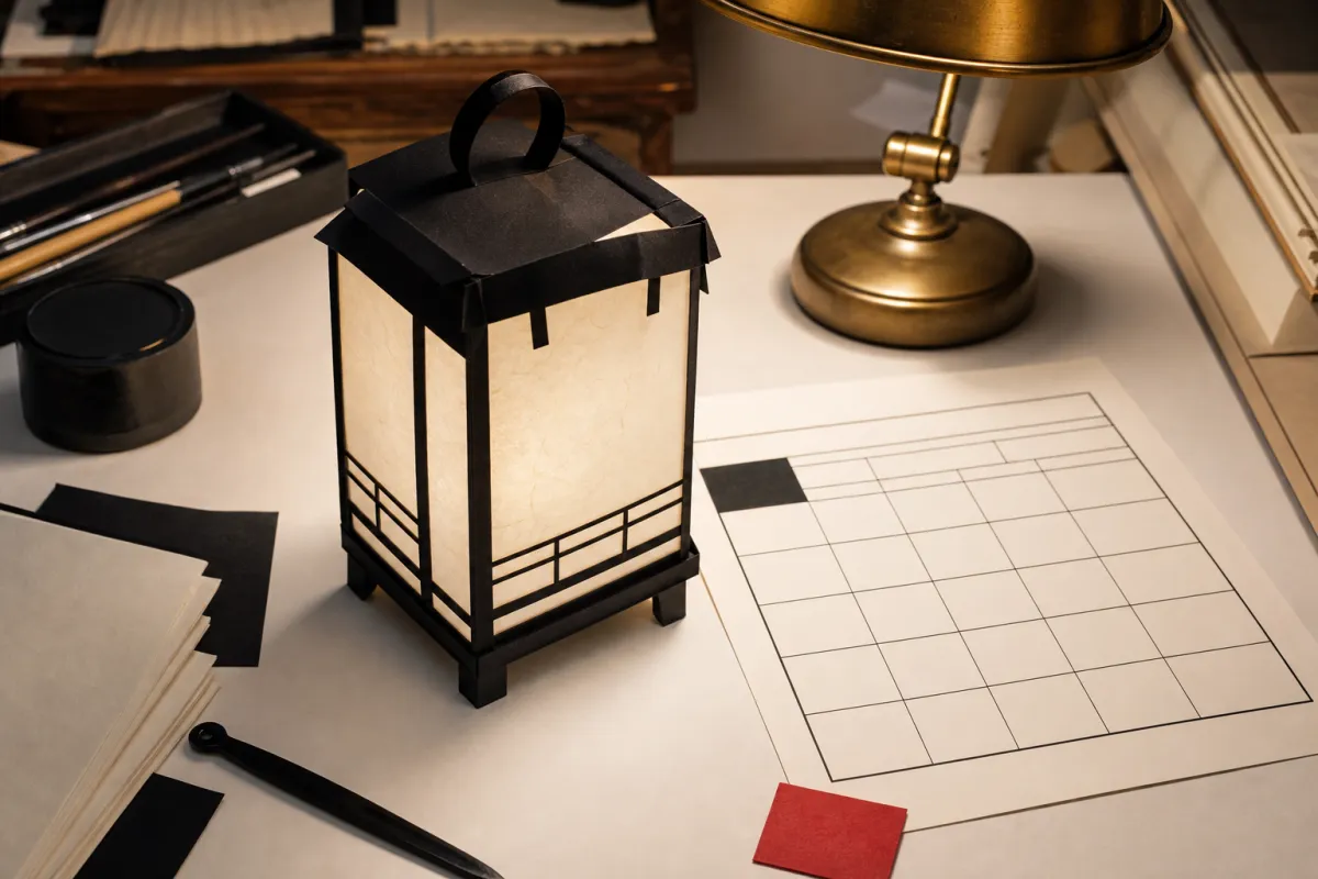 Open service log notebook beside detail sheets under a brass desk lamp