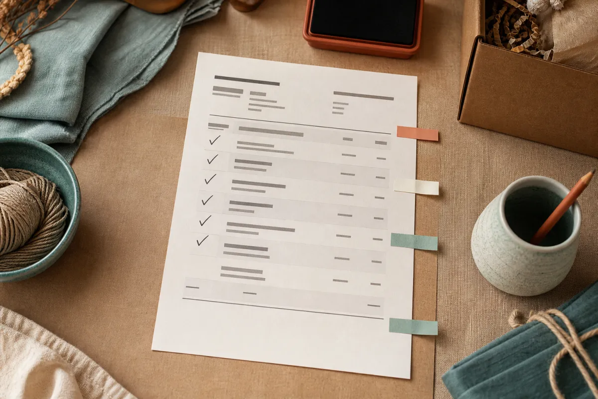 Printed product page sheets with pencil annotation marks and sticky flags