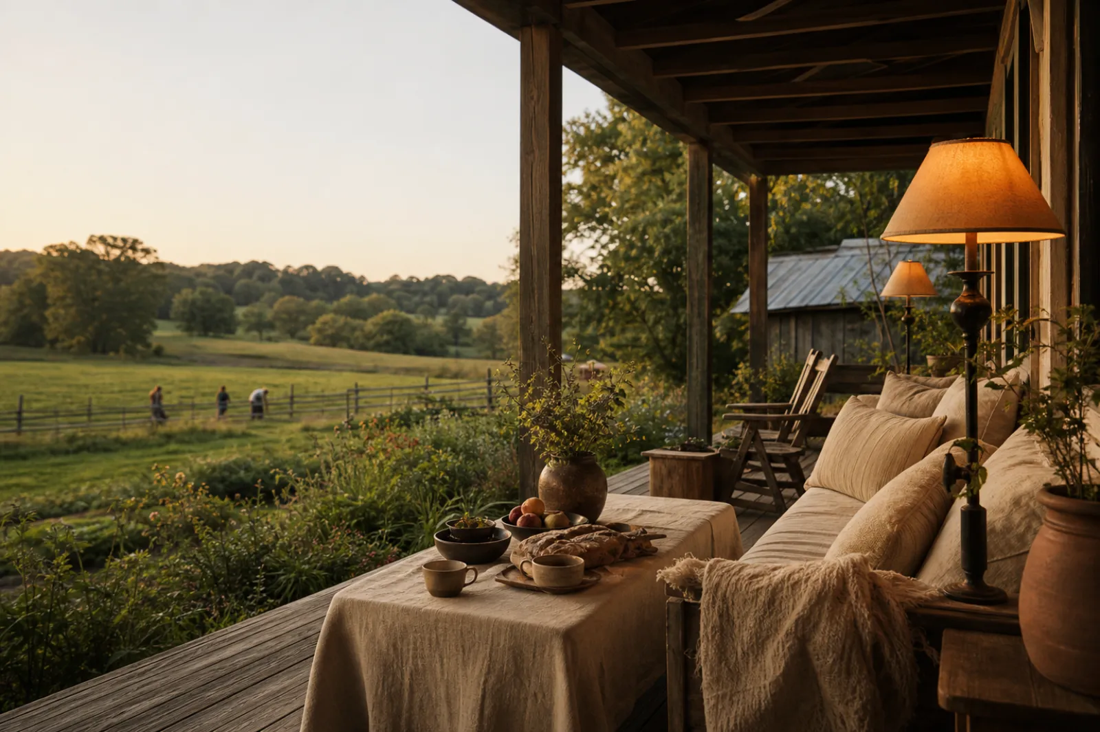 Calm farm stay breakfast lounge in morning light with set tables
