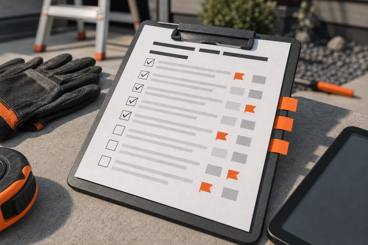 Printed product page sheets with pencil annotation marks and sticky flags grouped by shopper question