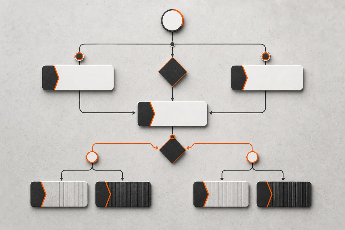 Decision map diagram showing source evidence grouping into four content groups and one handoff