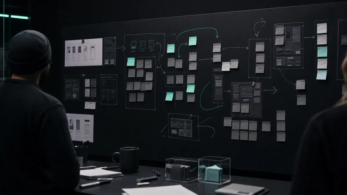 Overhead journey mapping table with note cards grouped into four clusters