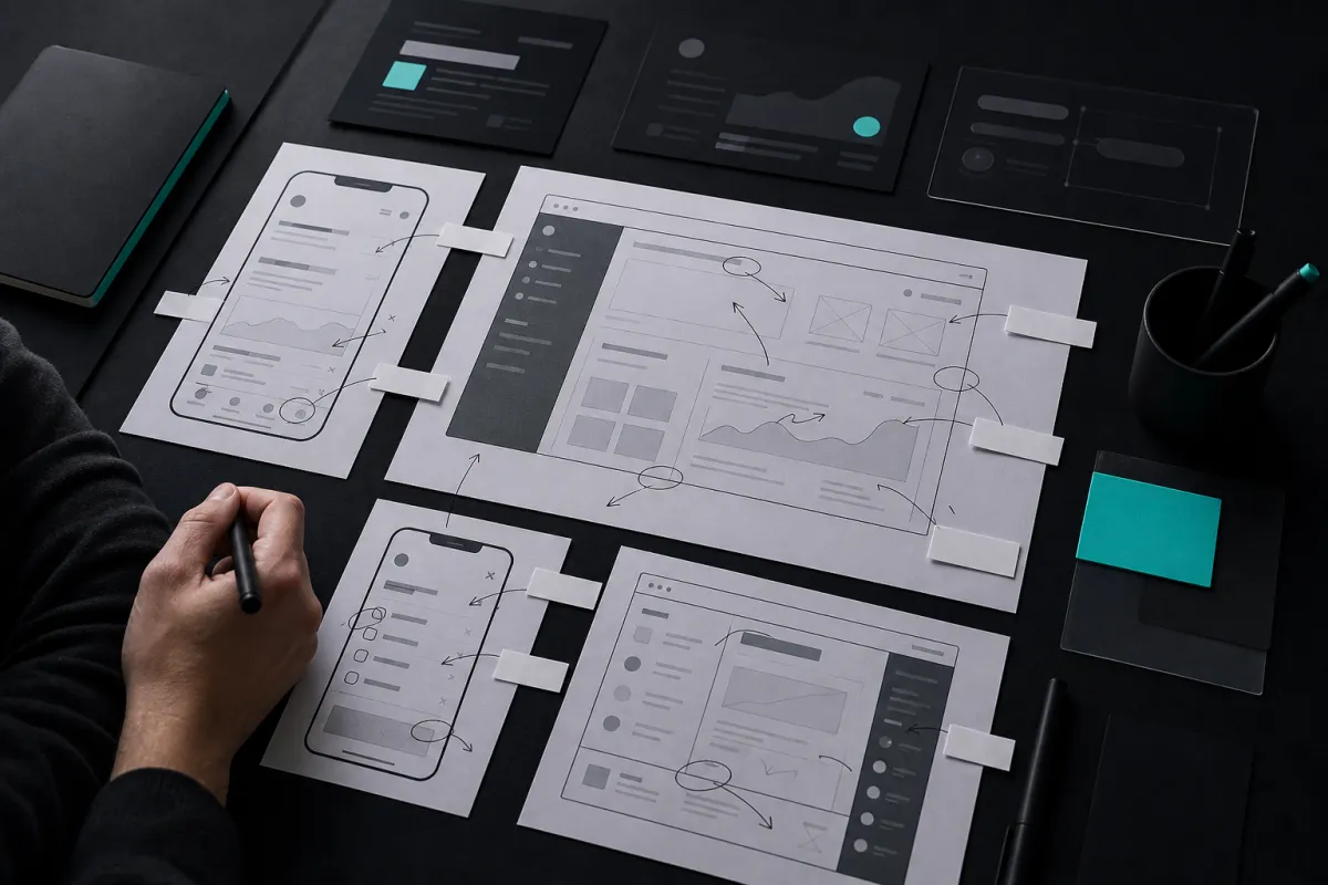 Printed product page sheets with pencil annotation marks and sticky flags