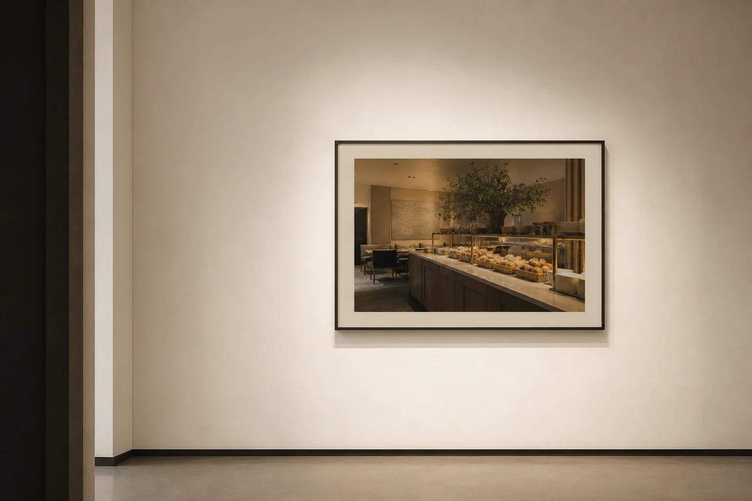 Calm breakfast lounge in morning light with set tables