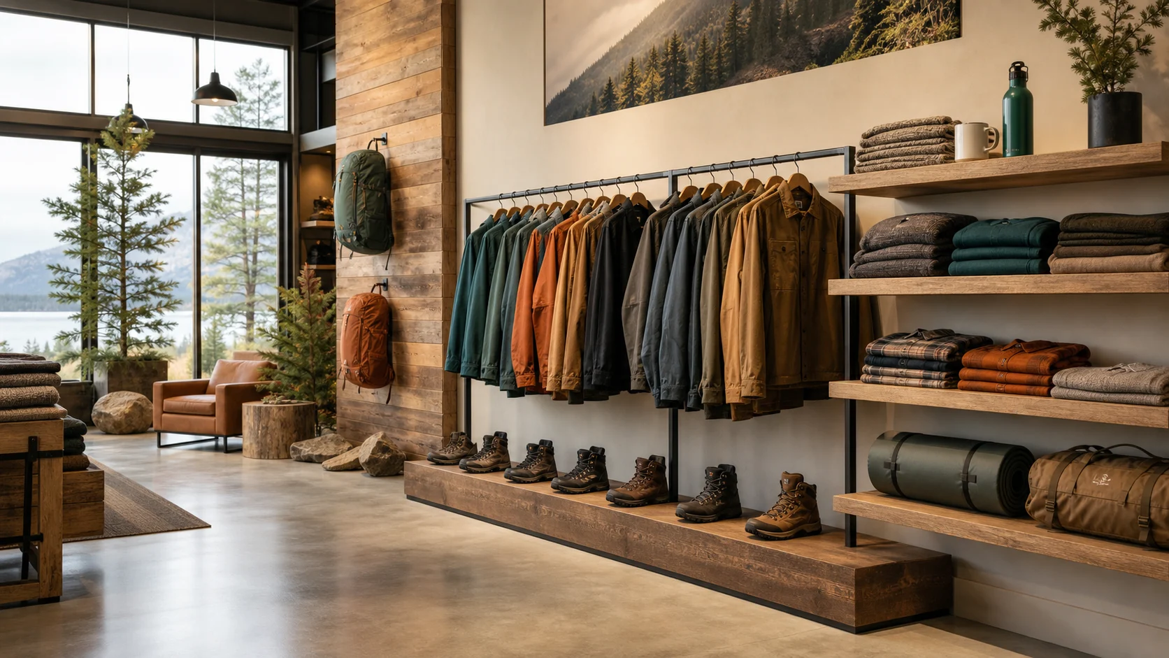 An outfitters shop floor with rails of jackets, folded knitwear on timber shelves and boots below