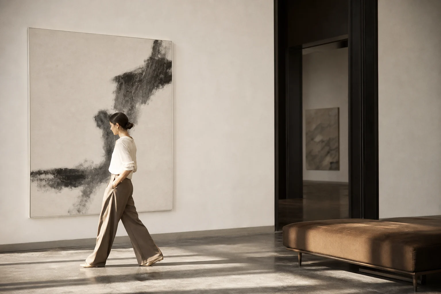 A woman walking past a large charcoal-toned canvas in a quiet gallery