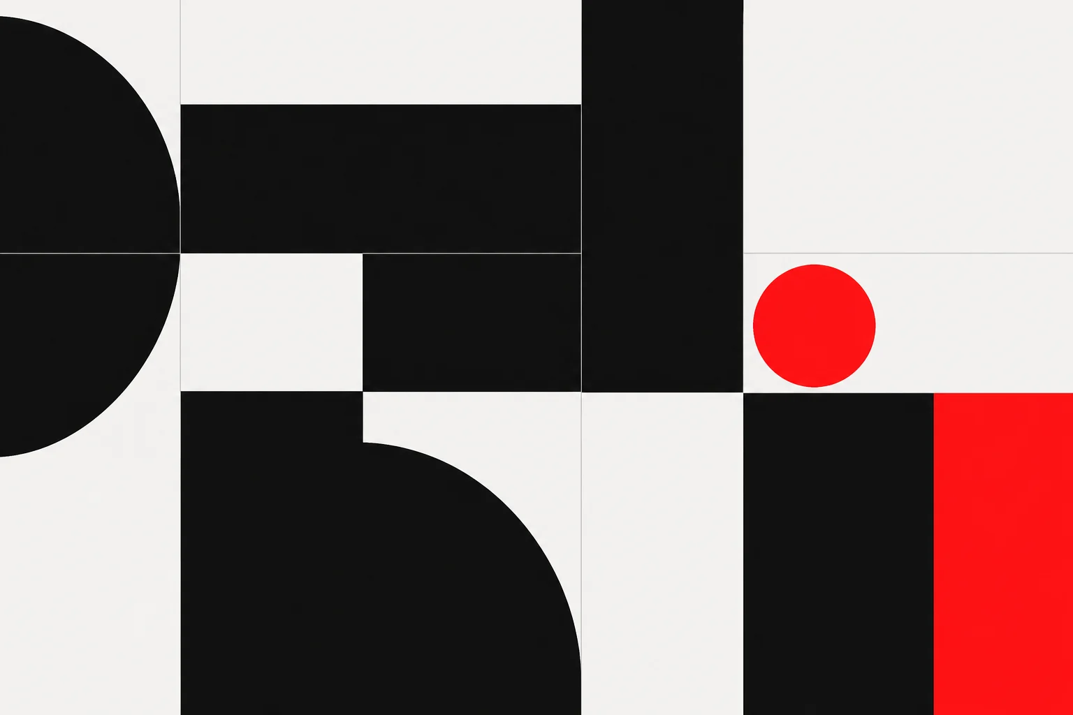 A bold black, white and red geometric composition of circles and blocks