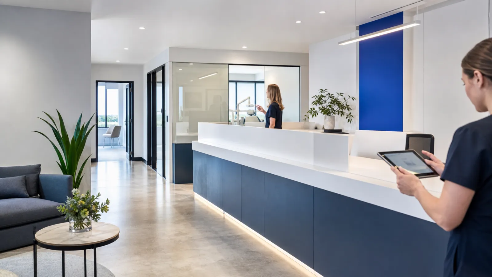 A bright dental practice reception, a team member checking a tablet at the counter
