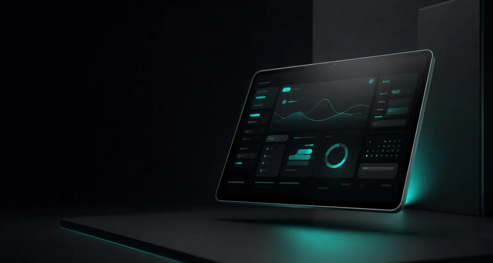 A tablet on a dark surface showing a teal analytics dashboard