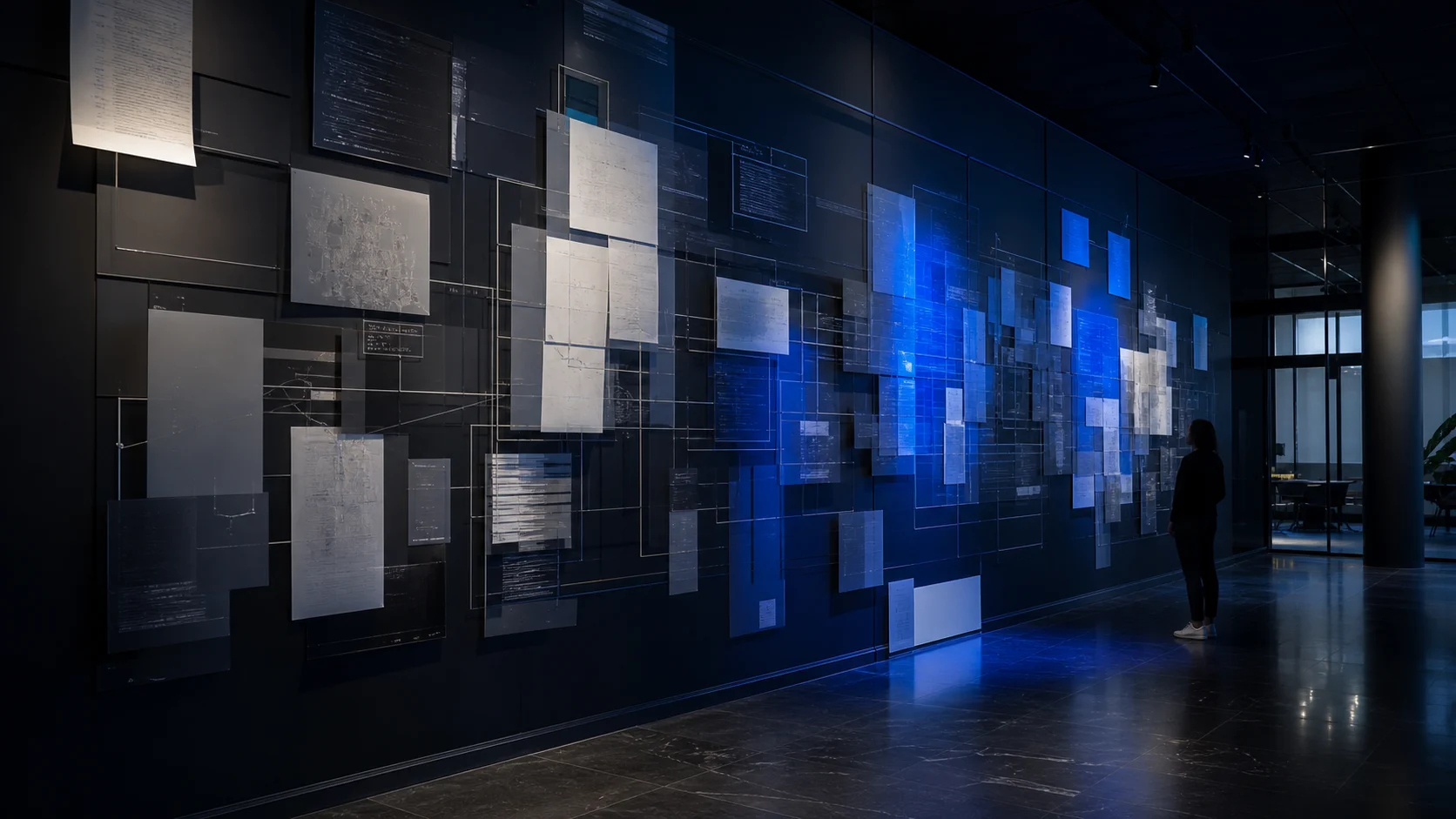 A long dark corridor wall of backlit interface panels glowing blue